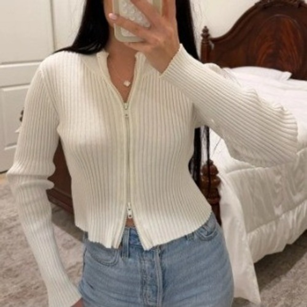 Divided H&M Women's Size Small Full Zip Cardigan Sweater White Ribbed Double Zip